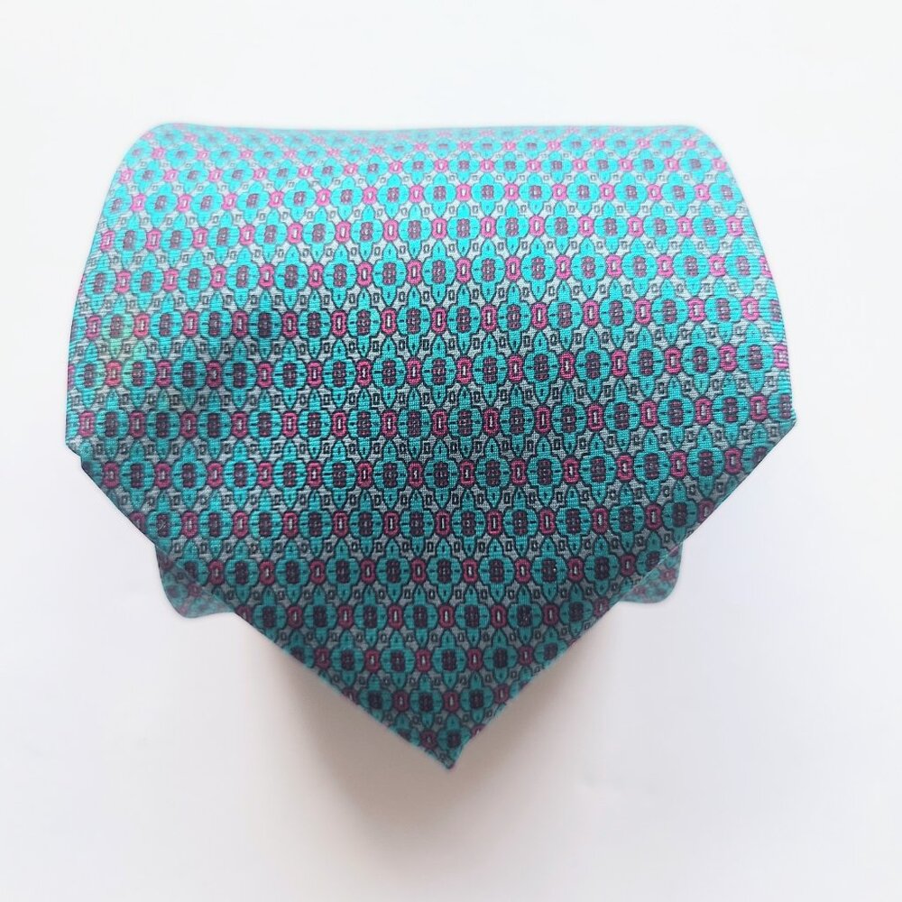 Christian Dior Teal Blue Motif Patterned All Silk Tie - Picture 1 of 3